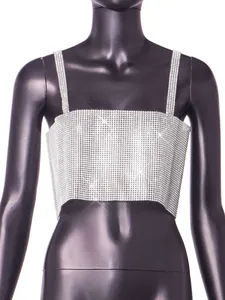 Close-up detail of sexy silver rhinestone mesh camisole vest displayed on black mannequin