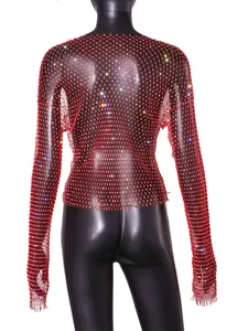 Back view of a red fishnet long-sleeve top with colorful rhinestones on a mannequin