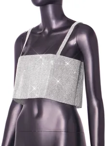 Close-up detail of a sexy silver mesh rhinestone camisole crop top on a black mannequin.
