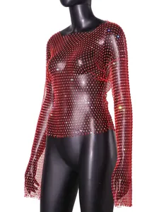 Red rhinestone fishnet mesh top featuring sparkling gems and a sexy hollow design