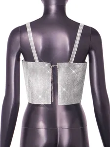 Back view detail of sexy silver rhinestone mesh crop top with adjustable chain