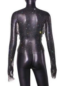Back view of shimmering rhinestone fishnet top with long sleeves for clubwear