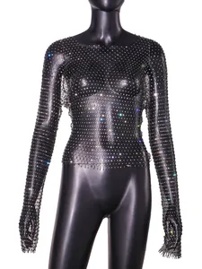Close-up detail of sexy black fishnet top featuring sparkling colorful rhinestones