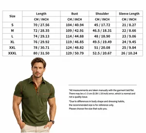 Detailed size chart for men's short-sleeve polo shirt with measurements in cm and inches
