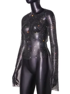 Detail view of shimmering rhinestone fishnet top with sparkling crystal embellishments