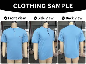 Detailansichten von vorne, hinten und der Seite des hellblauen Herren-Henley-Shirts.
