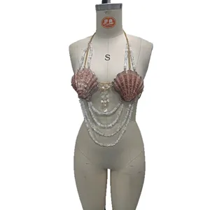 Handmade shell beaded bikini body chain harness for beach party or festival wear