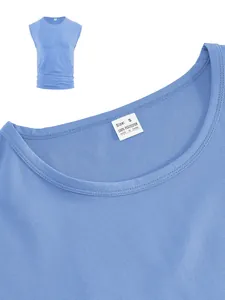 Detail view of men's blue sleeveless tank top showing ribbed textured fabric and collar