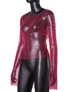 Close-up detail of sexy red fishnet long sleeve top with sparkling rhinestones