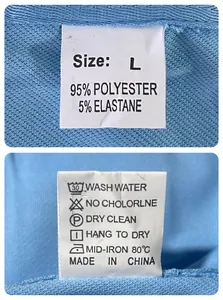 Detailansicht des Pflegeetiketts der Kleidung mit Größe L und Materialzusammensetzung