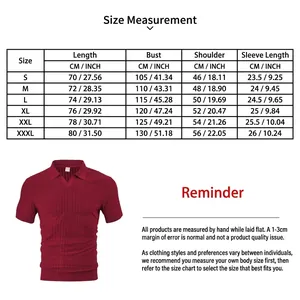Size chart detail for men's red striped short sleeve polo shirt with lapel collar