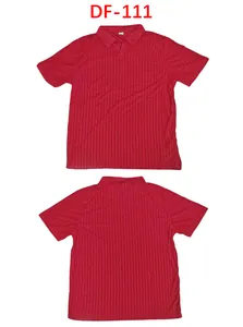 Front and back view of red striped men's polo shirt in jacquard terry cloth texture