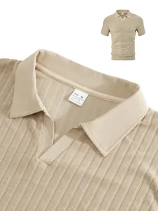 Detailed view of a beige textured jacquard polo shirt collar with interior brand label.