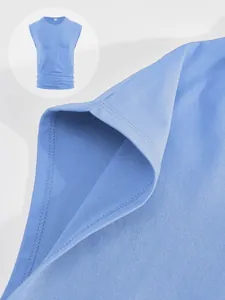 Macro detail of ribbed fabric texture and shoulder hem on blue men's vest