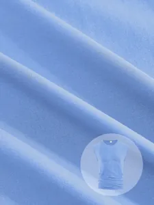Close-up detail of the breathable blue ribbed fabric texture on a men's sleeveless T-shirt