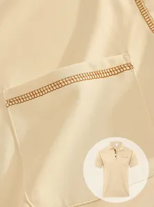 Detailed view of khaki men's short sleeve Polo shirt showing pocket and contrast stitching