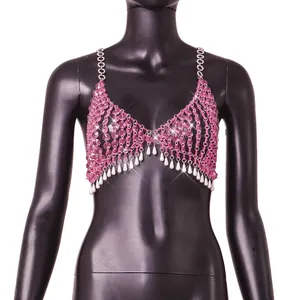 Sexy pink gemstone and pearl halter top with backless design for nightclub fashion