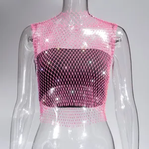 Close-up detail of a pink rhinestone fishnet mesh tank top for sexy clubwear fashion