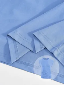 Detail view of light blue ribbed fabric and stitching on men's sleeveless tank top