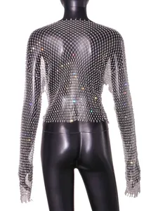 Detailed view showing the sparkly silver rhinestone fishnet long sleeve top design