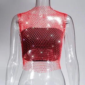 Detailed view of a sexy red fishnet hollow vest decorated with sparkling rhinestones