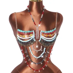 Catena del Corpo Halter con Perline Fatte a Mano Sexy Senza Schienale Top Reggiseno Perline Acriliche Gioielli Festa Spiaggia Boho per Donna Multicolore