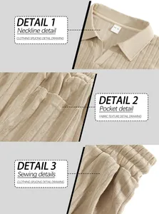Close-up details of men's beige striped shirt showing neckline, pocket, and stitching