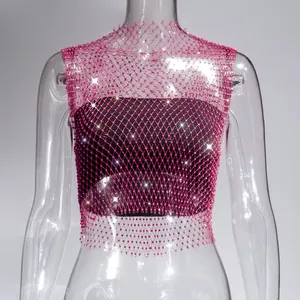Close-up detail of sparkly pink rhinestone fishnet tank top with hollow-out mesh texture