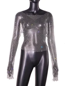 Detailed close-up showing shimmering rhinestone embellishments on sexy mesh top