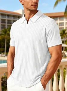 Detail of white men's short-sleeve polo shirt with breathable jacquard texture for summer