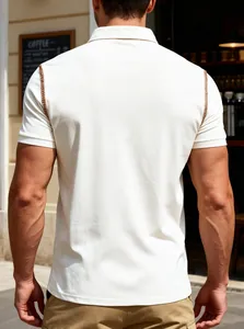 Back view of cream men's Polo shirt featuring brown contrast shoulder stitching details.