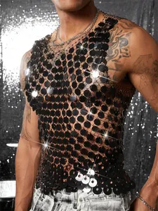 Detaillierte Ansicht der schwarzen Pailletten-Netzweste für Herren, Party- und Clubwear