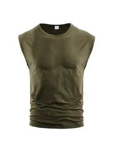 Close-up detail of olive green sleeveless men's tank top showing the ribbed texture