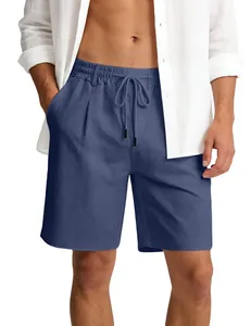 Detailansicht der dunkelblauen Leinen-Shorts für Herren mit verstellbarem Kordelzug.