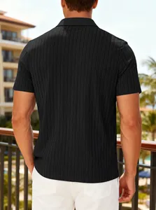 Detailed back view of a black men's short sleeve polo shirt with vertical ribbed texture