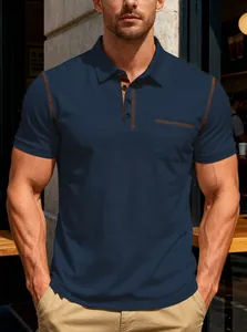 Men's navy blue short sleeve Polo shirt with contrast stitching and pocket detail.