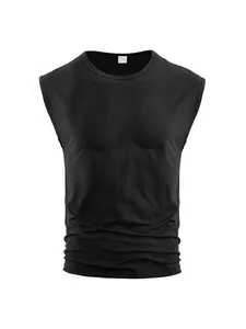 Close-up of black sleeveless T-shirt for men with ribbed texture and round neck