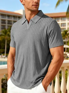 Detail view of grey vertical striped rib knit polo shirt for men in summer resort style
