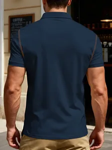 Back view of a navy blue men's short-sleeved Polo shirt with contrast stitching