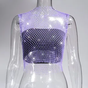 Close-up of purple fishnet tank top with sparkling rhinestones for nightclub party wear