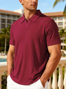 Close-up of a men's maroon ribbed knit polo shirt featuring a classic lapel and casual summer style