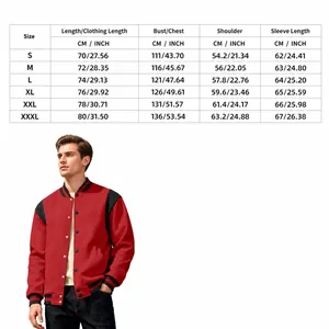 Detailed size chart for men's color-block varsity jacket with measurements in cm and inches