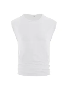Close-up detail of white men's sleeveless T-shirt with ribbed texture fabric detail.