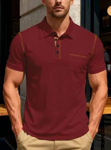 Casual burgundy men's short sleeve Polo shirt with contrast stitching and chest pocket detail