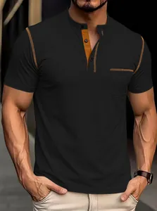 Schwarzes Henley-Poloshirt für Herren mit orangefarbenen Kontrastnähten, schnelltrocknend