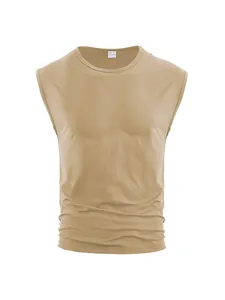 Detailed macro shot of khaki men's casual sleeveless tank top featuring ribbed texture