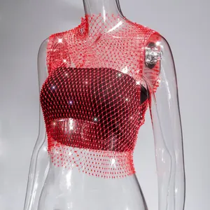 Close-up of sexy red mesh tank top with sparkling rhinestones for nightclub wear