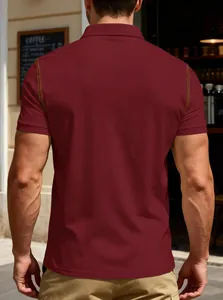 Back view of premium men's burgundy polo shirt featuring stylish contrast stitching details