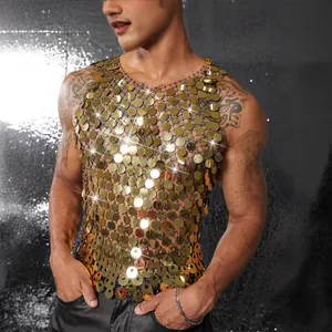 Herren Pailletten Weste Aushöhlung Handgefertigt Retro Disco Streetwear Polyamid Ärmellose Tank Top Gold Silber Schwarz