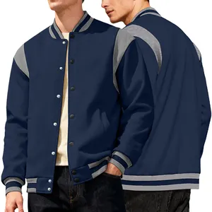 Front and back detail view of navy blue and grey contrast varsity bomber jacket for men